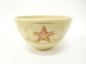 京焼　川添寿楽造　金彩色絵　花　茶碗